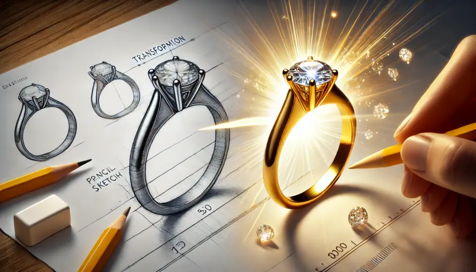 Pencil sketch of a ring design beside the finished gold diamond ring