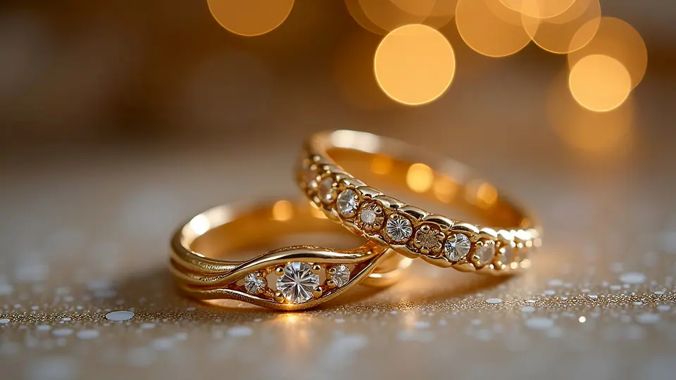 Two gold rings, one set with small diamonds, against warm golden light